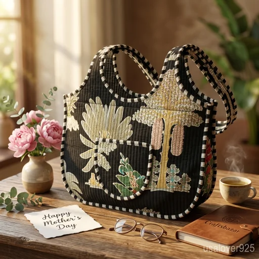 Woman walking through the city carrying a Black Floral Quilted Boho Tote packed with a laptop and books.