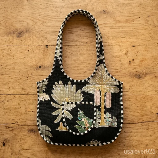 Woman walking through the city carrying a Black Floral Quilted Boho Tote packed with a laptop and books.