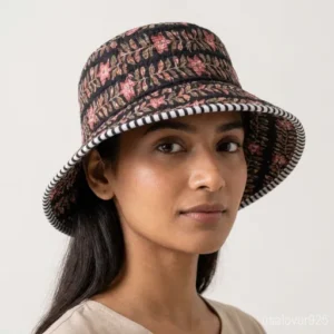 Black Floral Quilted Cotton Bucket Hat handmade in Jaipur with authentic block print design