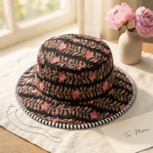 Black Floral Quilted Cotton Bucket Hat handmade in Jaipur with authentic block print design