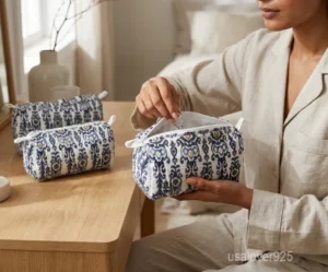 Set of 3 Black Floral Quilted Cotton Toiletry Bags nesting set showing the traditional monochrome artisan design and secure zipper fastenings.