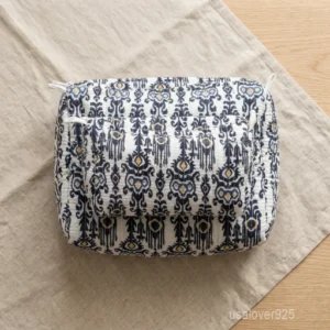 Set of 3 Black Floral Quilted Cotton Toiletry Bags nesting set showing the traditional monochrome artisan design and secure zipper fastenings.