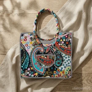 Close-up of intricate black block printing and delicate quilted stitching on an Indian ethnic travel shopper.