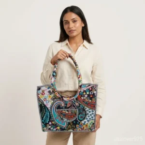 Black Floral Quilted Cotton Tote Bag with comfortable over-the-shoulder handles held against a neutral background.