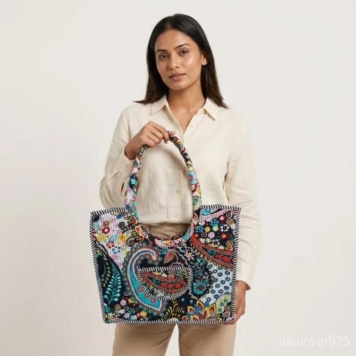 Black Floral Quilted Cotton Tote Bag with comfortable over-the-shoulder handles held against a neutral background.