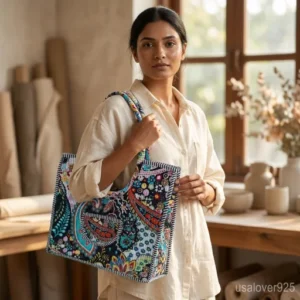 Black Floral Quilted Cotton Tote Bag with comfortable over-the-shoulder handles held against a neutral background.
