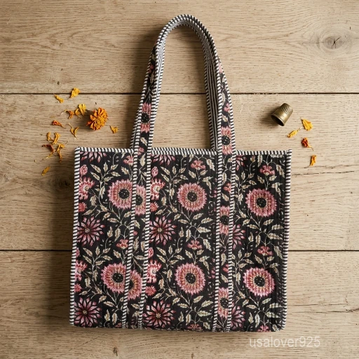 A person carrying a large Black Hand Block Print Quilted Cotton Tote Bag comfortably over their shoulder during a daily school commute.