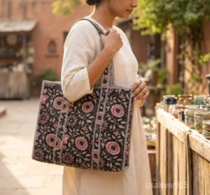 Black Hand Block Print Quilted Cotton Tote Bag with robust shoulder handles showing the traditional black and white geometric pattern.