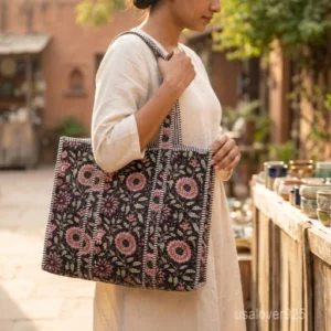 Black Hand Block Print Quilted Cotton Tote Bag with robust shoulder handles showing the traditional black and white geometric pattern.