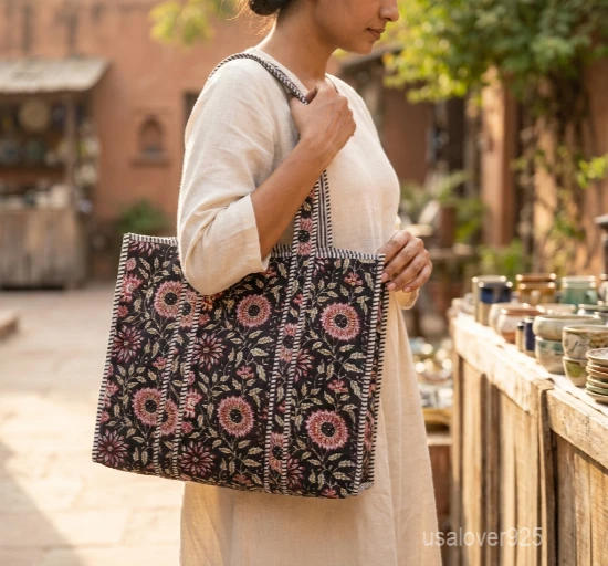 Black Hand Block Print Quilted Cotton Tote Bag with robust shoulder handles showing the traditional black and white geometric pattern.