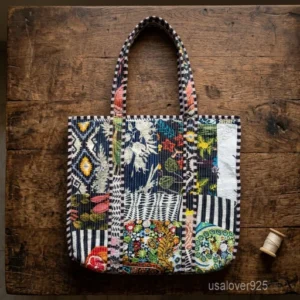 A person carrying a Black Patchwork Print Quilted Cotton Tote Bag comfortably over their shoulder during a casual city commute.