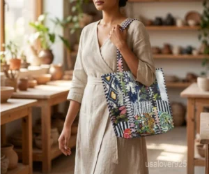 Black Patchwork Print Quilted Cotton Tote Bag with shoulder straps showing the assorted floral and geometric block patterns.