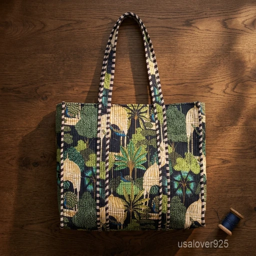 A shopper carrying the Black Peacock Palace Quilted Tote Bag by the wide straps, showcasing its generous packing capacity and vibrant bohemian accessory style while walking outdoors.