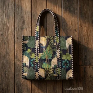Black Peacock Palace Quilted Tote Bag showing the traditional hand block print artisan design with the spacious main compartment opening and reinforced shoulder straps.