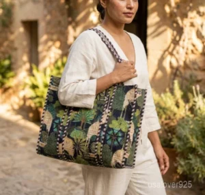 Black Peacock Palace Quilted Tote Bag showing the traditional hand block print artisan design with the spacious main compartment opening and reinforced shoulder straps.