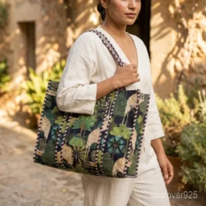 Black Peacock Palace Quilted Tote Bag showing the traditional hand block print artisan design with the spacious main compartment opening and reinforced shoulder straps.
