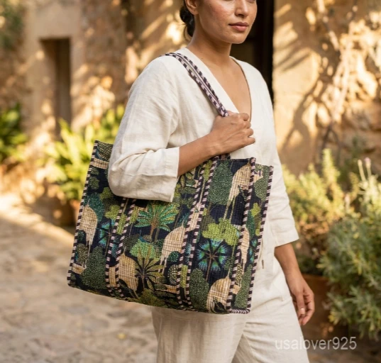 Black Peacock Palace Quilted Tote Bag showing the traditional hand block print artisan design with the spacious main compartment opening and reinforced shoulder straps.