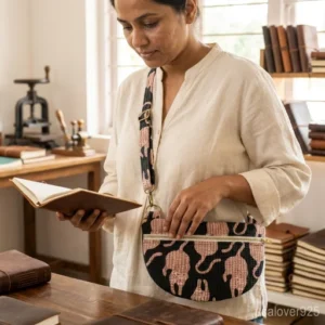 Black Tiger Print Quilted Mini Purse with adjustable strap worn as a stylish crossbody bag.