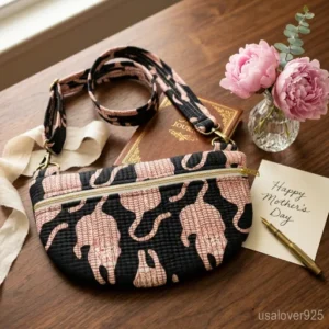 Woman at an outdoor festival carrying a Black Tiger Print Quilted Mini Purse holding her phone and keys.