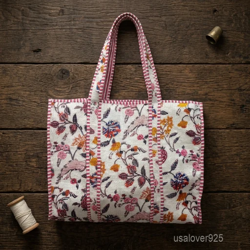 A person carrying a large Black White Floral Quilted Cotton Tote Bag comfortably over their shoulder during a weekend getaway travel trip.