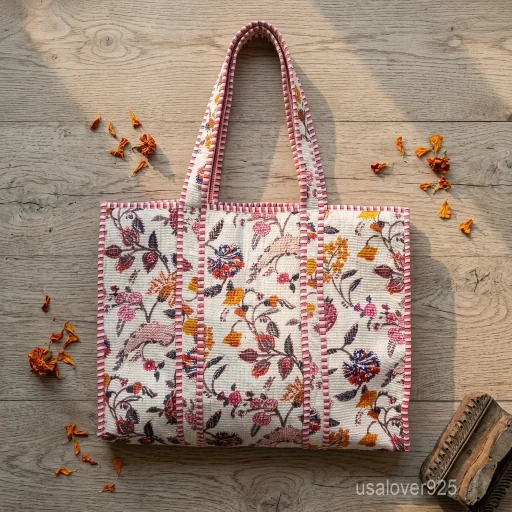 Black White Floral Quilted Cotton Tote Bag with large shoulder handles showing the crisp traditional artisan hand block print design.