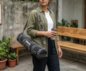 Mudcloth Style Yoga Mat Bag with an adjustable shoulder strap showing the bold black and white tribal ethnic print.