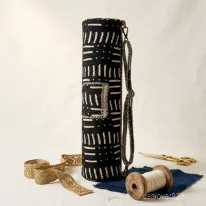 Woman walking to an urban workout studio carrying a Black and White Mudcloth Style Yoga Mat Bag comfortably as a crossbody sling.