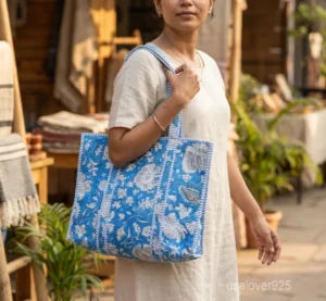 Block Print Quilted Cotton Tote Bag with large shoulder handles showing the oversized extra-wide market design.