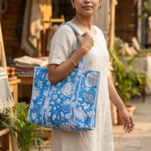 Block Print Quilted Cotton Tote Bag with large shoulder handles showing the oversized extra-wide market design.