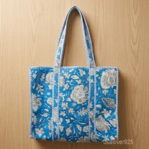 Block Print Quilted Cotton Tote Bag with large shoulder handles showing the oversized extra-wide market design.
