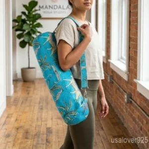 Blue Animal Print Quilted Cotton Yoga Mat Bag with an adjustable shoulder strap showing the vibrant leopard motif.