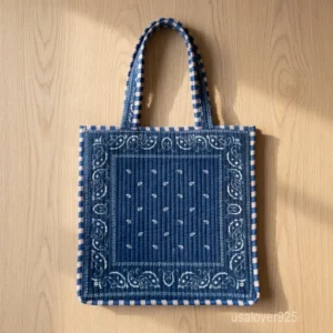 A person holding a square Blue Bandana Quilted Cotton Tote Bag by its double handles during a casual weekend outing.