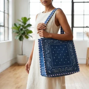 Blue Bandana Quilted Cotton Tote Bag with double shoulder straps showing the traditional white paisley print on an indigo blue background.