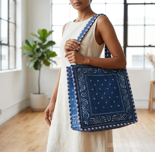 Blue Bandana Quilted Cotton Tote Bag with double shoulder straps showing the traditional white paisley print on an indigo blue background.