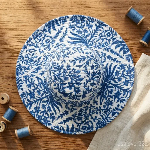 Close-up of authentic blue indigo-inspired hand block print on a quilted cotton bucket hat.
