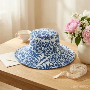 Blue Block Print Quilted Cotton Bucket Hat handmade in Jaipur for coastal vacation style.