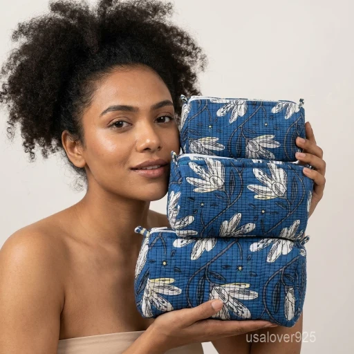 A three-piece nesting set of Blue Block Print Quilted Cotton Toiletry Bags neatly arranged on a clean vanity counter showing the large, medium, and small size profiles.