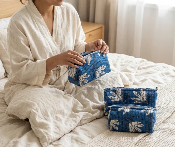 Close-up of the handcrafted blue print detailing, dense horizontal quilted stitching rows, waterproof internal plastic lining, elegant beads, and handcrafted tassel on an Indian cotton cosmetic pouch caddy.