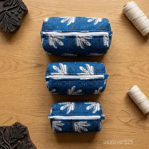 Set of 3 Blue Block Print Quilted Cotton Toiletry Bags nesting set showing the traditional indigo design and secure zipper lines with accent beads and tassels.