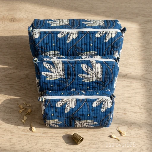 Set of 3 Blue Block Print Quilted Cotton Toiletry Bags nesting set showing the traditional indigo design and secure zipper lines with accent beads and tassels.