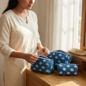 Set of 3 Blue Block Print Quilted Cotton Toiletry Bags nesting set showing the traditional indigo design and secure zipper lines with accent beads and tassels.