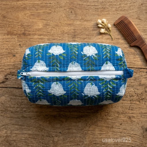 Set of 3 Blue Block Print Quilted Cotton Toiletry Bags nesting set showing the traditional indigo design and secure zipper lines with accent beads and tassels.