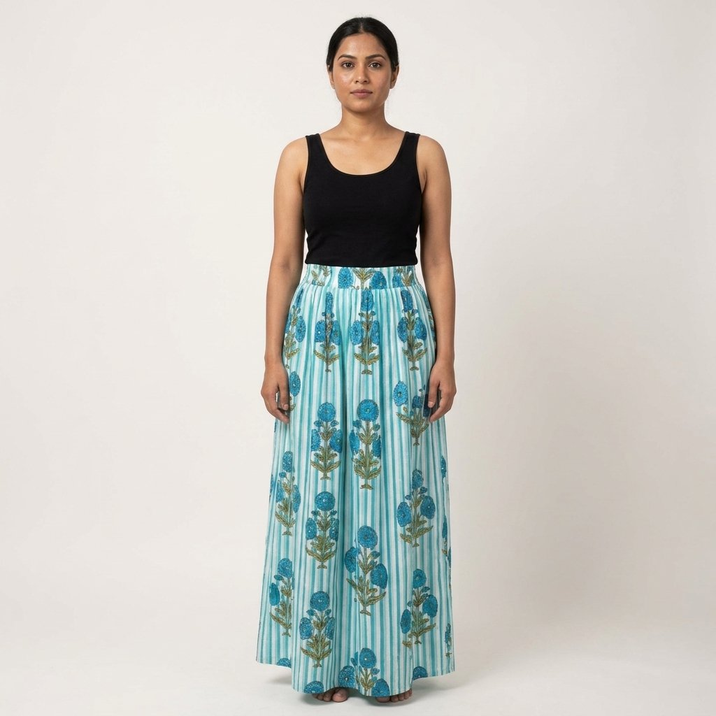 A model wearing the Blue Floral Block Print Cotton Skirt paired with a white tank top, showcasing its relaxed flowy silhouette frame and vibrant bohemian fashion style while walking outdoors.