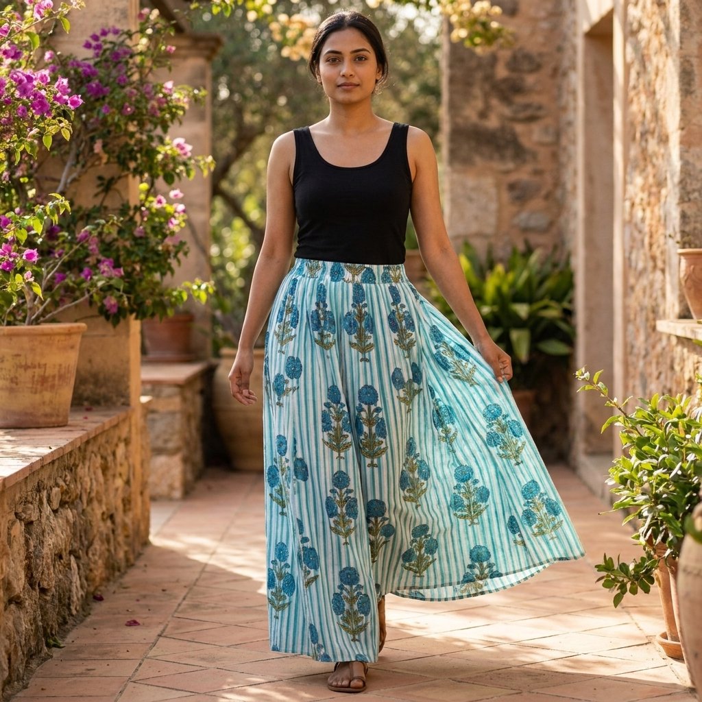 Blue Floral Block Print Cotton Skirt showing the traditional hand block print artisan design with the flexible elastic waistband and flowing tiered panels.