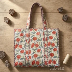 A person carrying a large Blue Floral Block Print Quilted Indian Cotton Tote Bag comfortably over their shoulder during a weekend getaway trip.