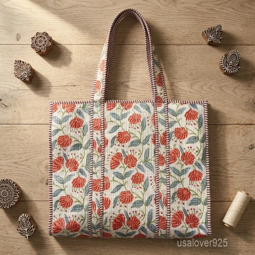 A person carrying a large Blue Floral Block Print Quilted Indian Cotton Tote Bag comfortably over their shoulder during a weekend getaway trip.