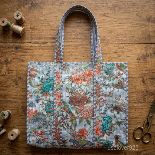 A person carrying a large Blue Floral Block Print Quilted Indian Cotton Tote Bag comfortably over their shoulder during a casual weekend trip.