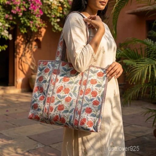 Blue Floral Block Print Quilted Indian Cotton Tote Bag showing the traditional hand block flower print layout.