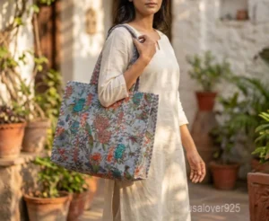 Blue Floral Block Print Quilted Indian Cotton Tote Bag with large travel shoulder straps showing the traditional hand-block botanical pattern.
