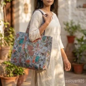 Blue Floral Block Print Quilted Indian Cotton Tote Bag with large travel shoulder straps showing the traditional hand-block botanical pattern.
